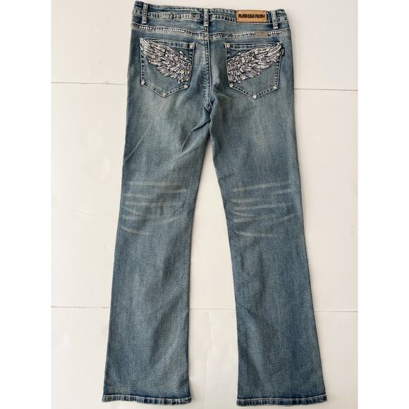 Platinum Plush Bootcut Jeans Women 11 Angel Wings Rhinestone Style 4041 Western - Picture 1 of 11